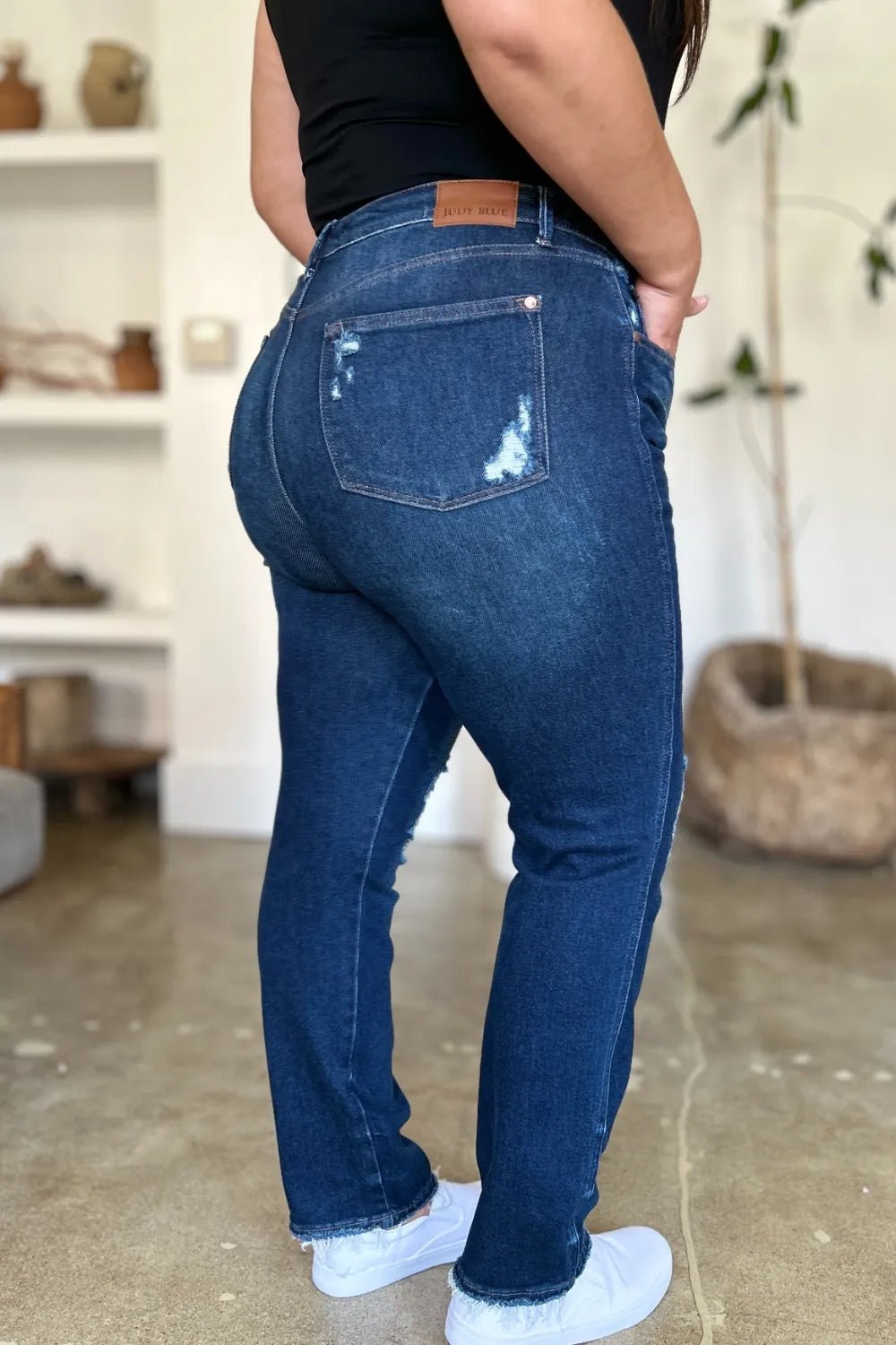 Judy Blue Full Size High Waist Rigid Magic Heavy Destroy Straight Jeans - Grace & Grit Boutique