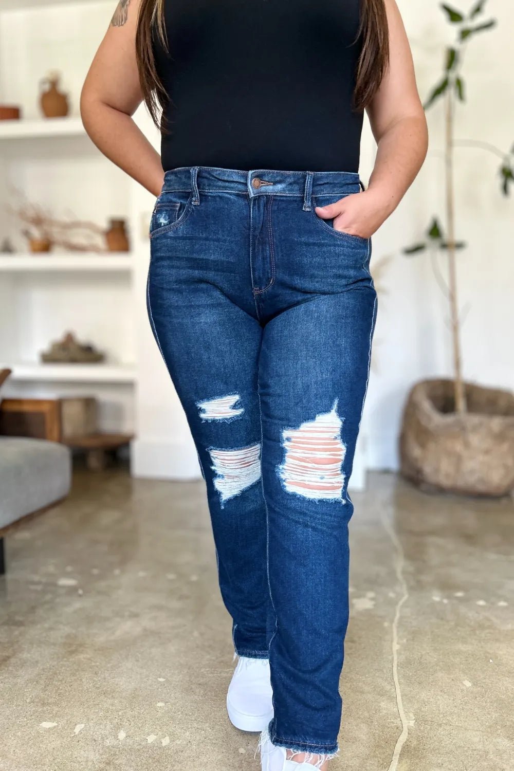 Judy Blue Full Size High Waist Rigid Magic Heavy Destroy Straight Jeans - Grace & Grit Boutique
