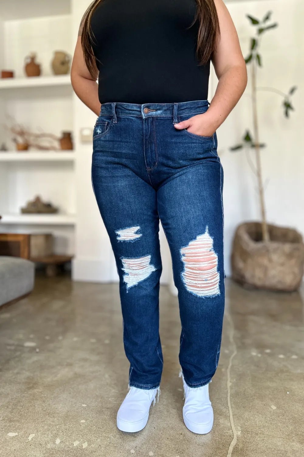 Judy Blue Full Size High Waist Rigid Magic Heavy Destroy Straight Jeans - Grace & Grit Boutique