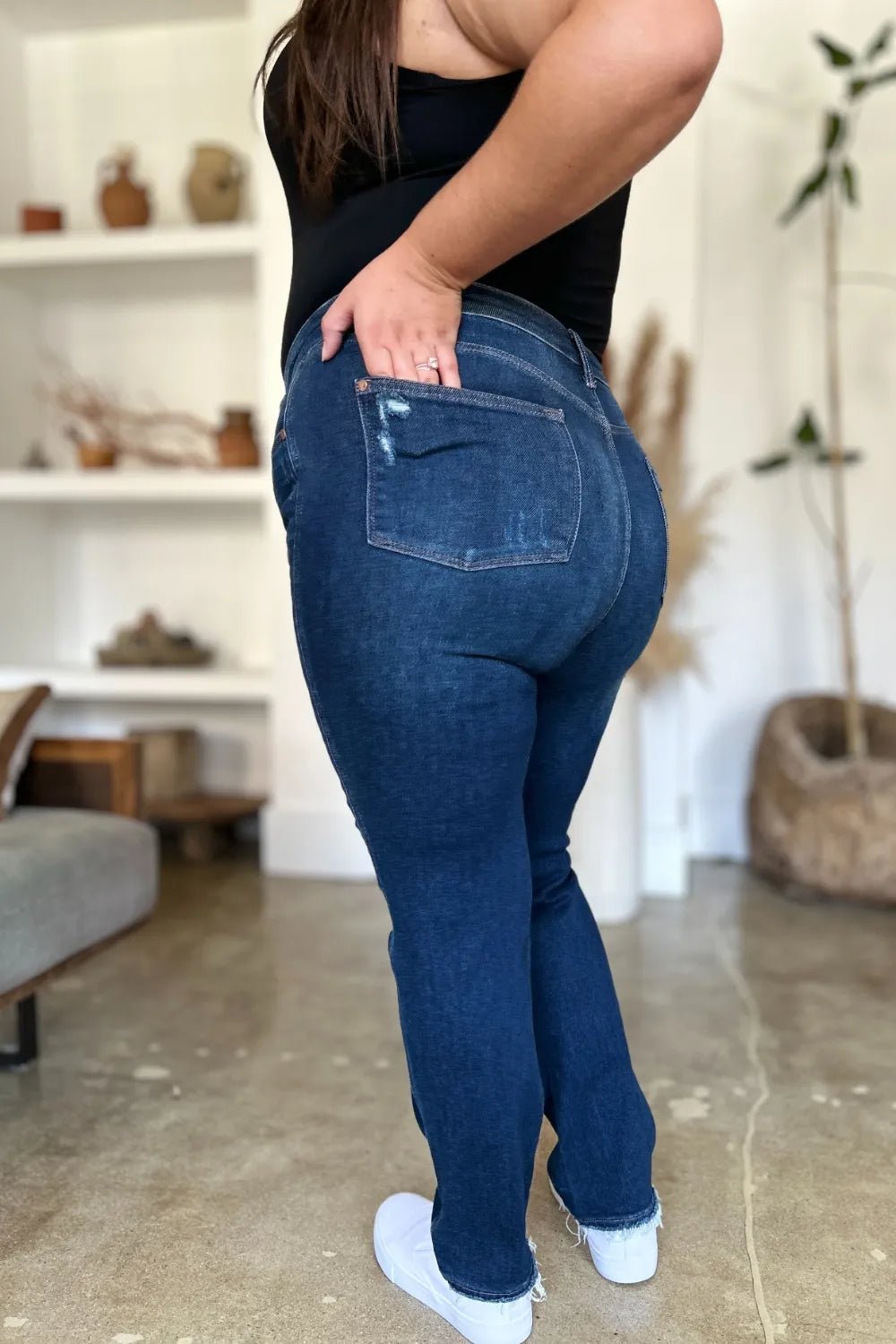 Judy Blue Full Size High Waist Rigid Magic Heavy Destroy Straight Jeans - Grace & Grit Boutique