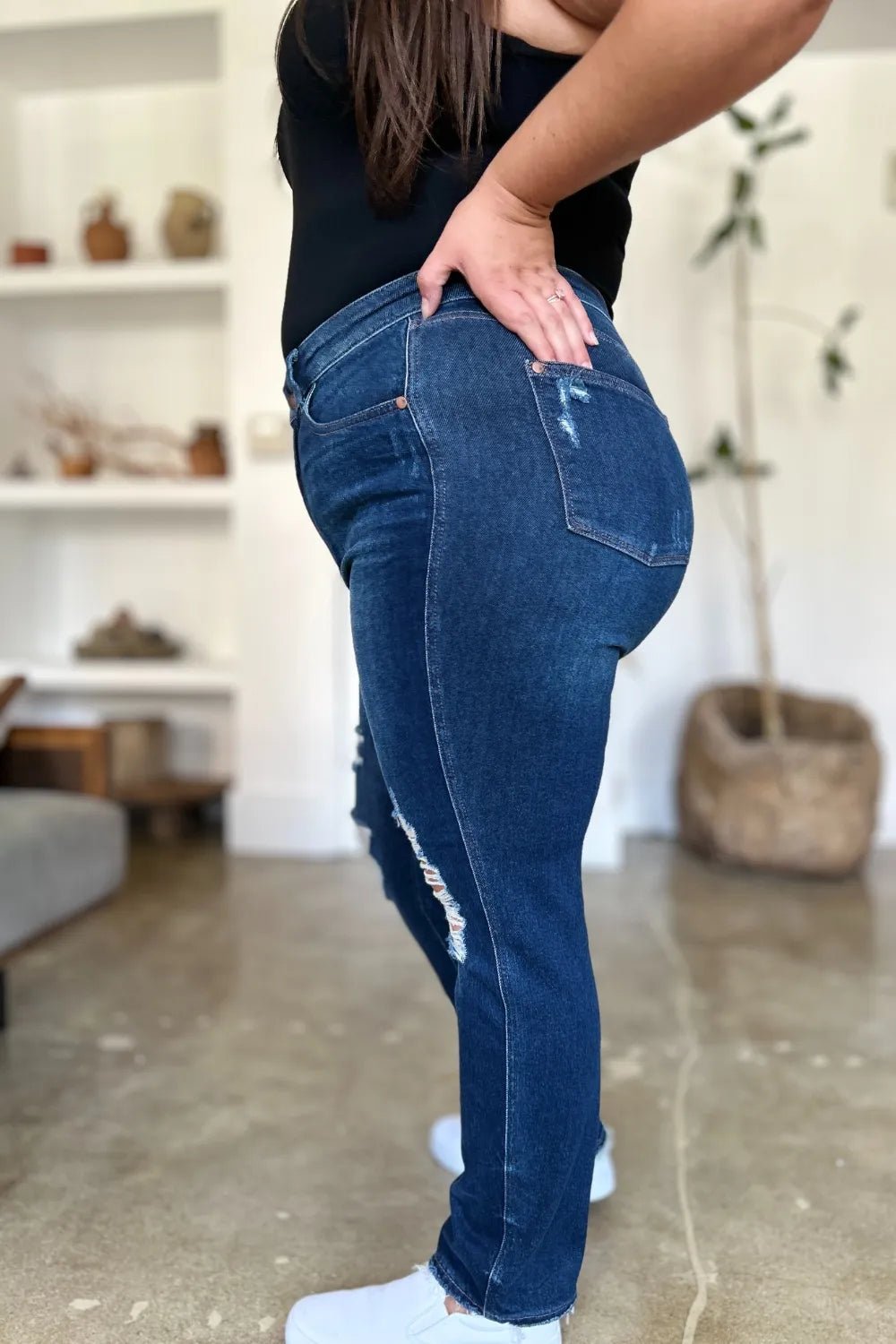 Judy Blue Full Size High Waist Rigid Magic Heavy Destroy Straight Jeans - Grace & Grit Boutique