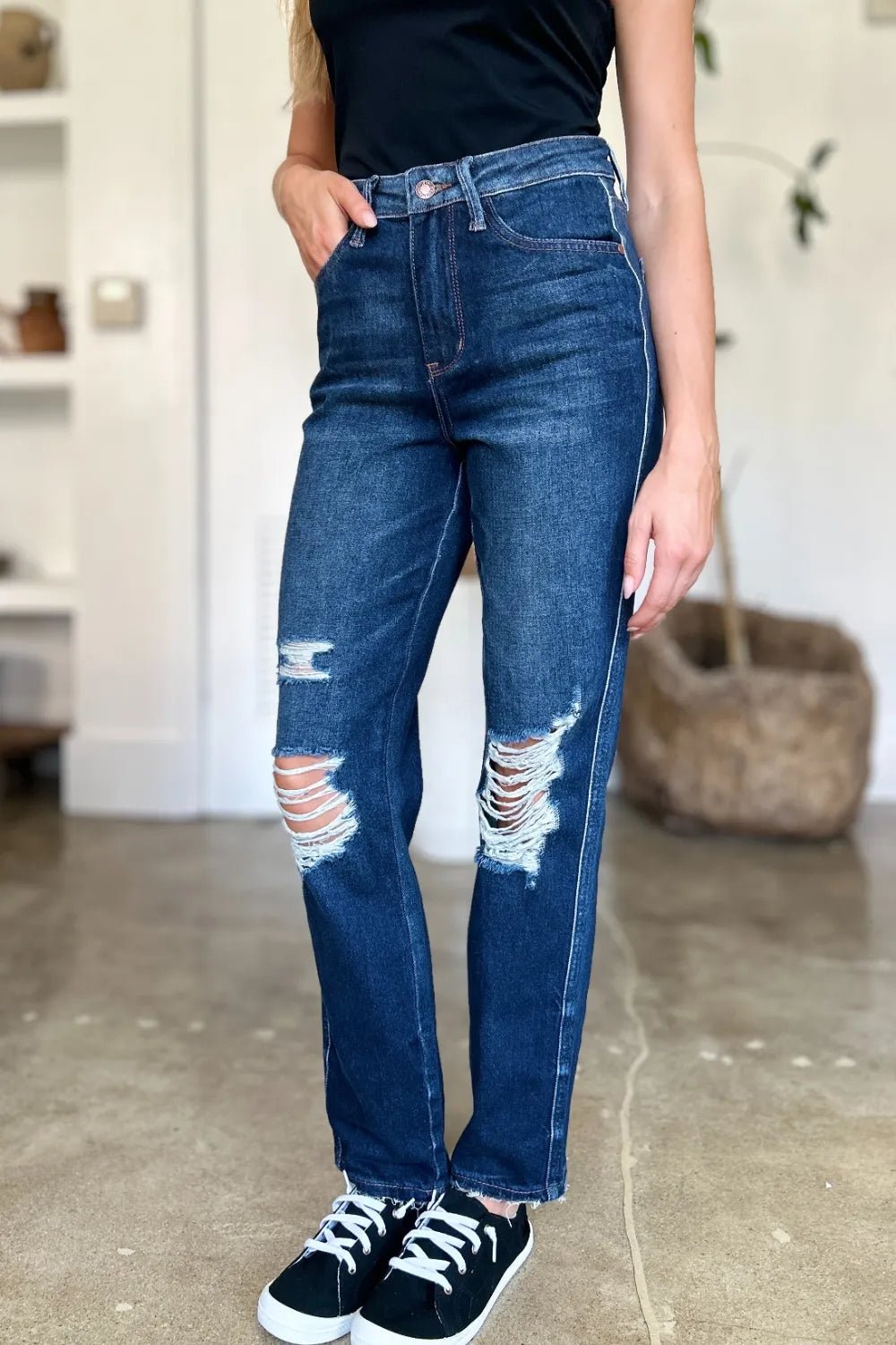 Judy Blue Full Size High Waist Rigid Magic Heavy Destroy Straight Jeans - Grace & Grit Boutique