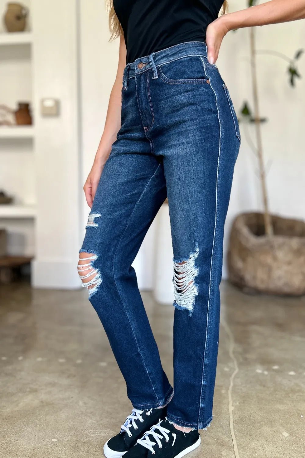 Judy Blue Full Size High Waist Rigid Magic Heavy Destroy Straight Jeans - Grace & Grit Boutique