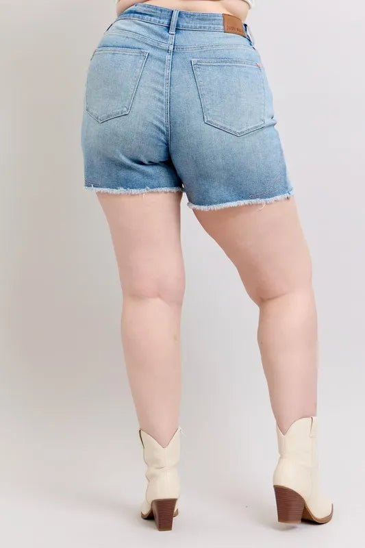 Judy Blue Full Size High Waist Western Embroidery Detail Cut Off Denim Shorts Plus Size - Grace & Grit Boutique