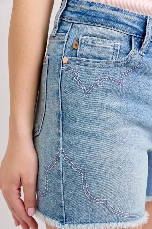 Judy Blue Full Size High Waist Western Embroidery Detail Cut Off Denim Shorts Plus Size - Grace & Grit Boutique