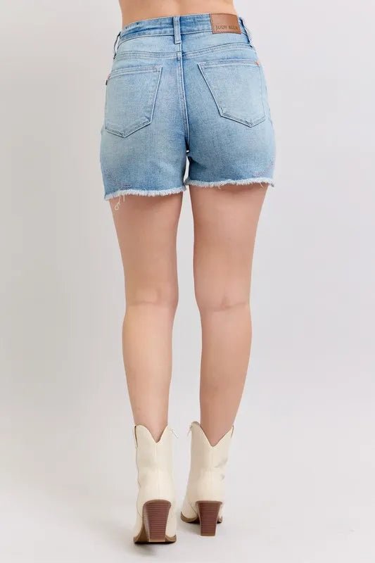 Judy Blue Full Size High Waist Western Embroidery Detail Cut Off Denim Shorts Plus Size - Grace & Grit Boutique