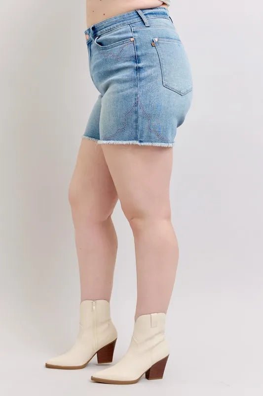 Judy Blue Full Size High Waist Western Embroidery Detail Cut Off Denim Shorts Plus Size - Grace & Grit Boutique