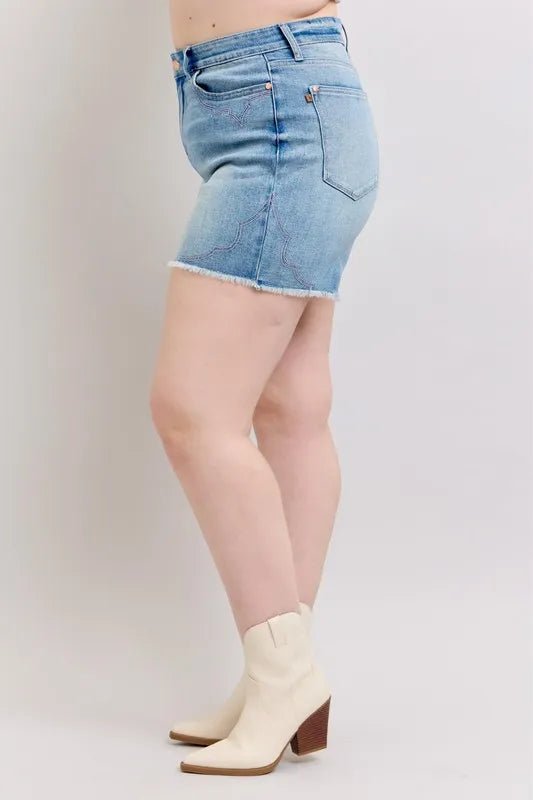Judy Blue Full Size High Waist Western Embroidery Detail Cut Off Denim Shorts Plus Size - Grace & Grit Boutique