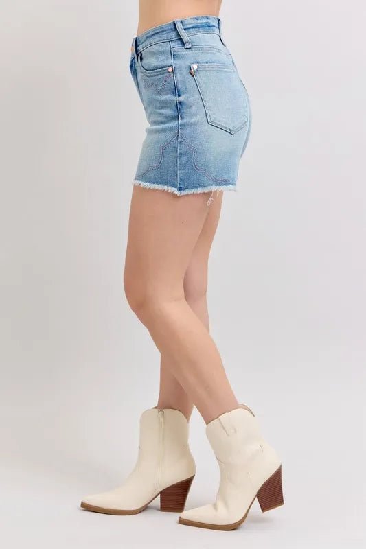 Judy Blue Full Size High Waist Western Embroidery Detail Cut Off Denim Shorts Plus Size - Grace & Grit Boutique