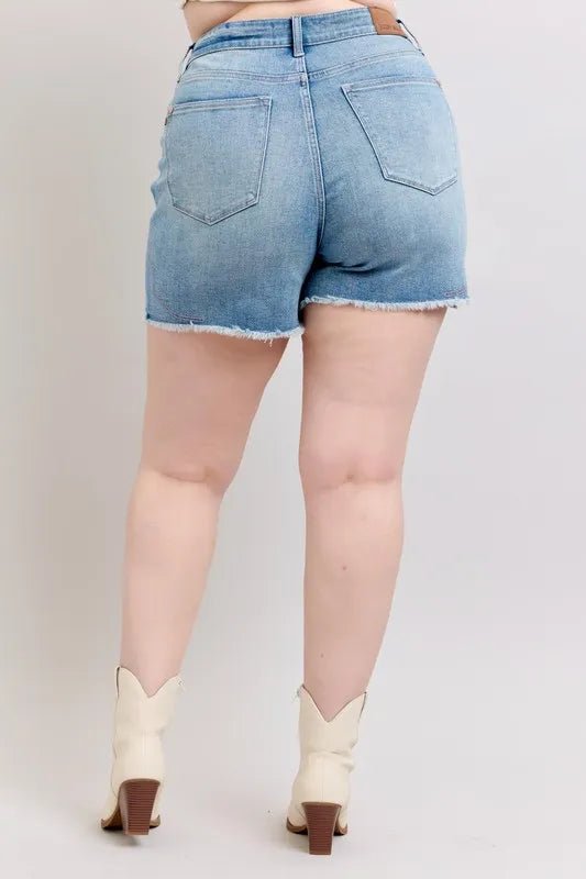 Judy Blue Full Size High Waist Western Embroidery Detail Cut Off Denim Shorts Plus Size - Grace & Grit Boutique