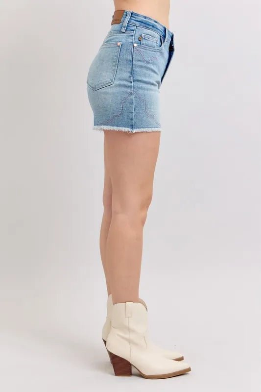 Judy Blue Full Size High Waist Western Embroidery Detail Cut Off Denim Shorts Plus Size - Grace & Grit Boutique