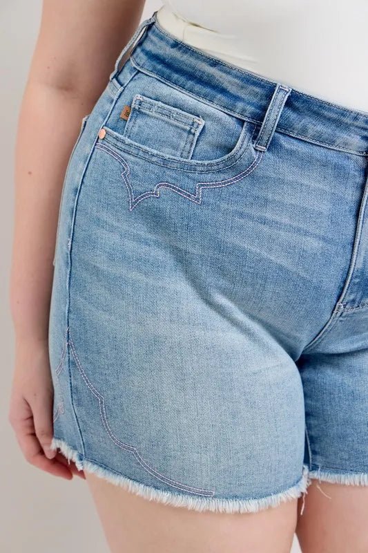 Judy Blue Full Size High Waist Western Embroidery Detail Cut Off Denim Shorts Plus Size - Grace & Grit Boutique