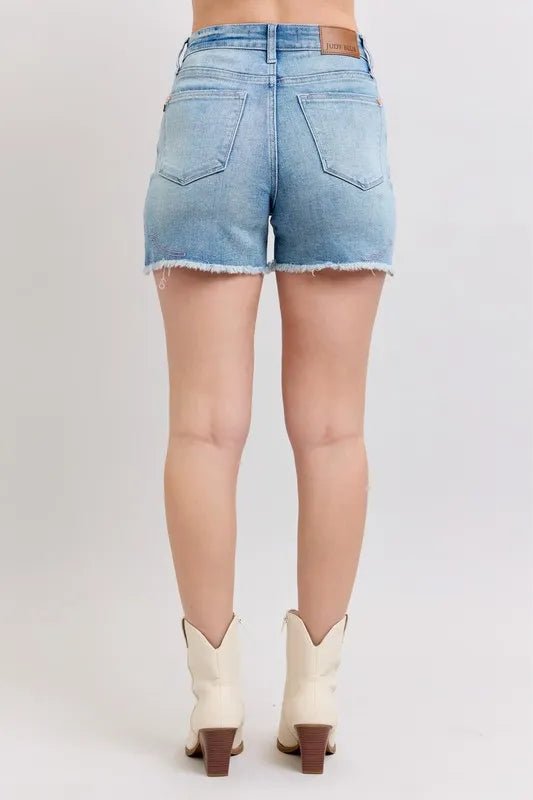 Judy Blue Full Size High Waist Western Embroidery Detail Cut Off Denim Shorts Plus Size - Grace & Grit Boutique