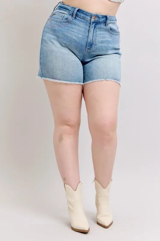 Judy Blue Full Size High Waist Western Embroidery Detail Cut Off Denim Shorts Plus Size - Grace & Grit Boutique