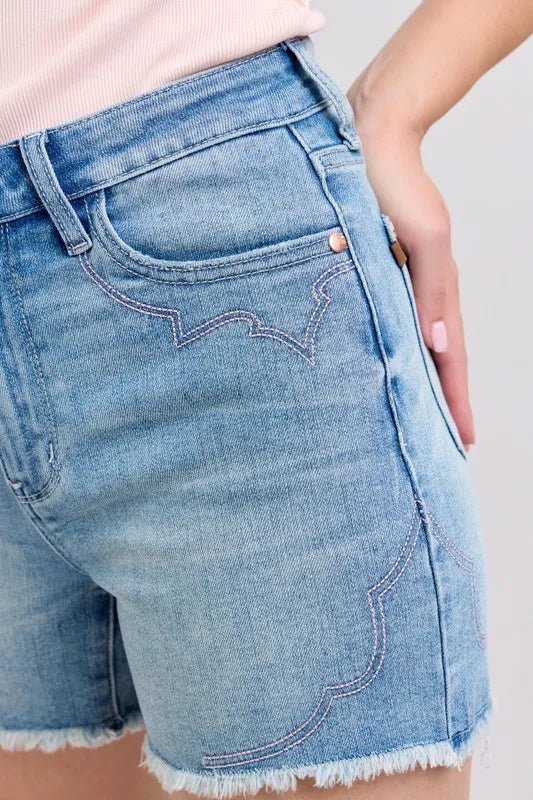 Judy Blue Full Size High Waist Western Embroidery Detail Cut Off Denim Shorts Plus Size - Grace & Grit Boutique
