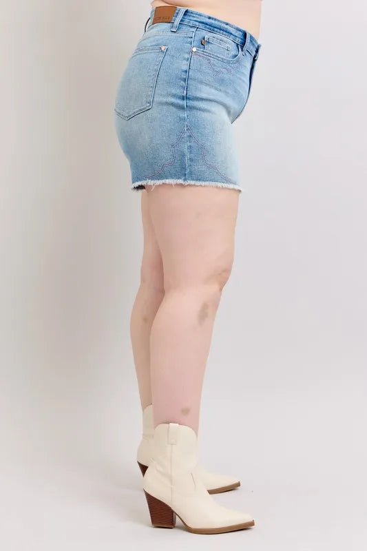 Judy Blue Full Size High Waist Western Embroidery Detail Cut Off Denim Shorts Plus Size - Grace & Grit Boutique