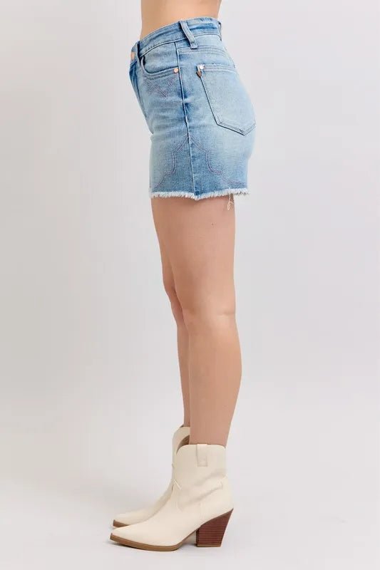 Judy Blue Full Size High Waist Western Embroidery Detail Cut Off Denim Shorts Plus Size - Grace & Grit Boutique