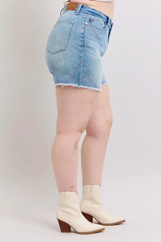 Judy Blue Full Size High Waist Western Embroidery Detail Cut Off Denim Shorts Plus Size - Grace & Grit Boutique