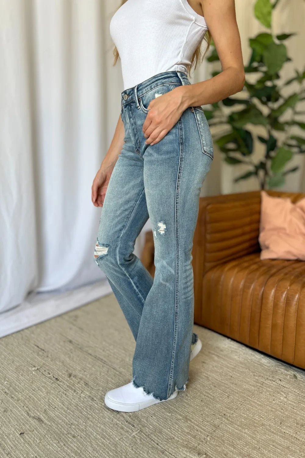 Judy Blue Full Size Medium Rise Tummy Control Destroy Flare - Grace & Grit Boutique