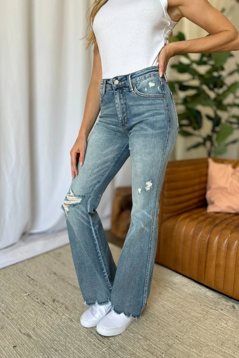 Judy Blue Full Size Medium Rise Tummy Control Destroy Flare - Grace & Grit Boutique