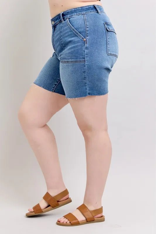 Judy Blue Full Size Mid Rise Bermudas Denim Shorts W/ Back Flap Pockets Plus Size - Grace & Grit Boutique