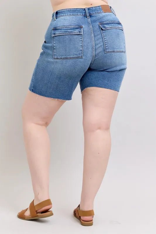 Judy Blue Full Size Mid Rise Bermudas Denim Shorts W/ Back Flap Pockets Plus Size - Grace & Grit Boutique