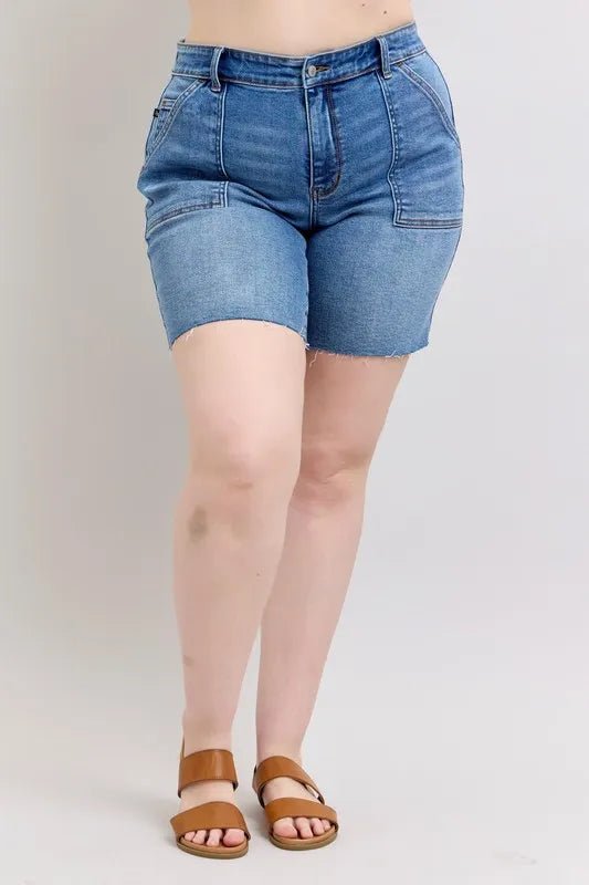 Judy Blue Full Size Mid Rise Bermudas Denim Shorts W/ Back Flap Pockets Plus Size - Grace & Grit Boutique