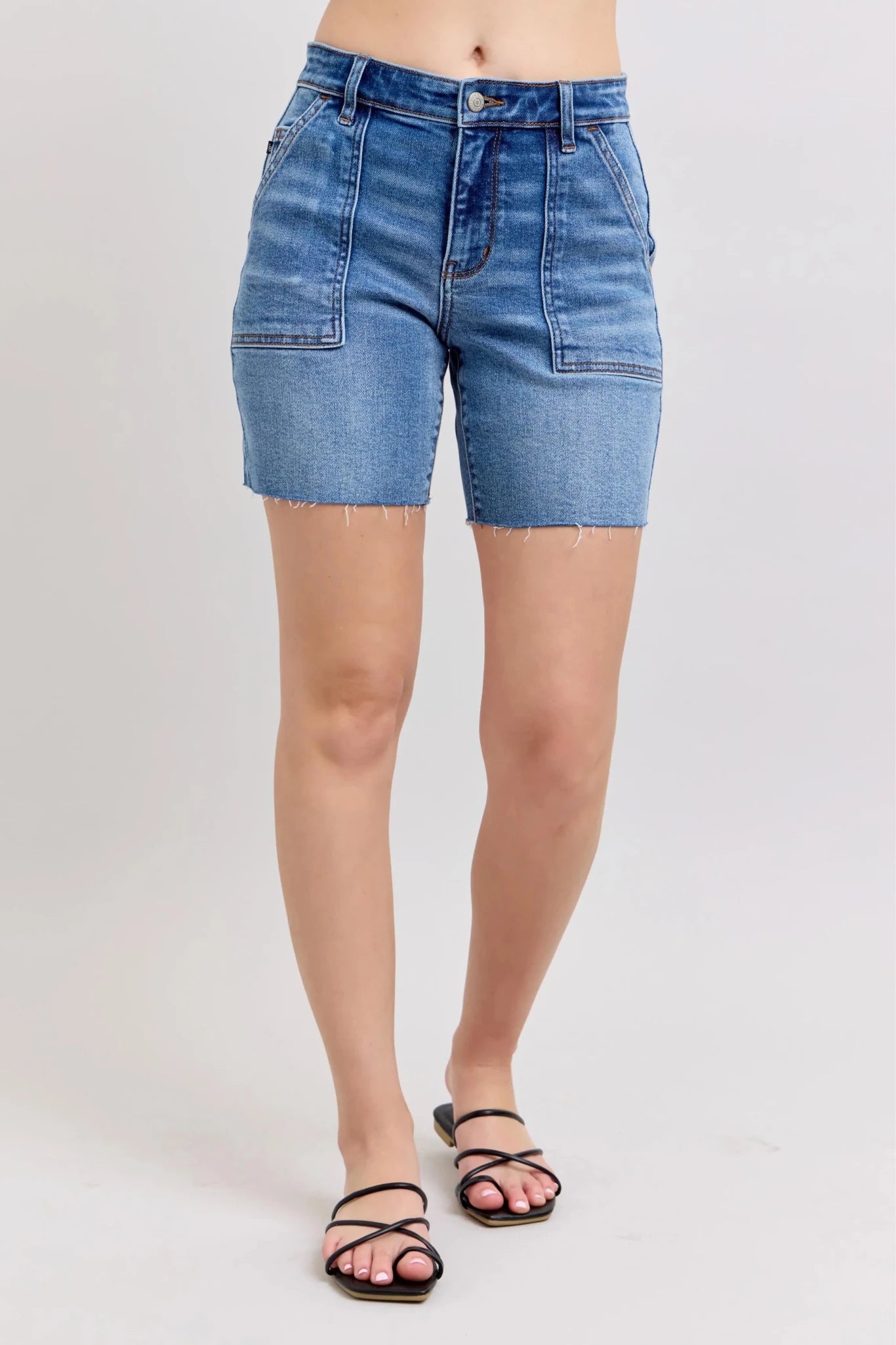 Judy Blue Full Size Mid Rise Bermudas Denim Shorts W/ Back Flap Pockets Plus Size - Grace & Grit Boutique