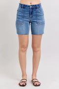 Judy Blue Full Size Mid Rise Bermudas Denim Shorts W/ Back Flap Pockets Plus Size - Grace & Grit Boutique