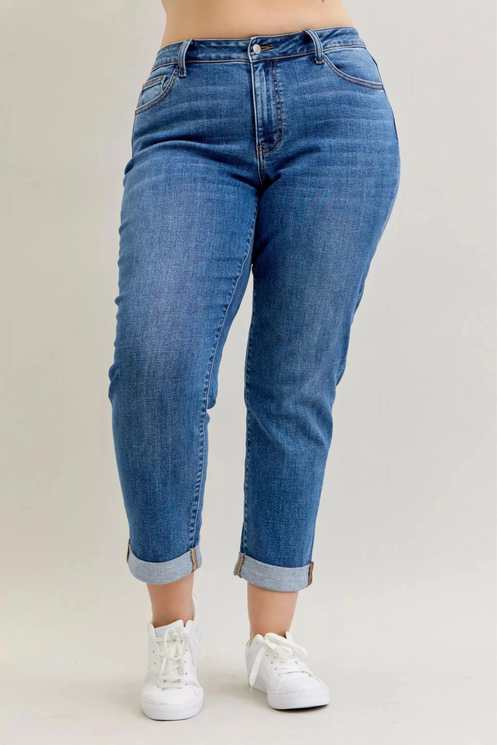 Judy Blue Full Size Mid Rise BF Classic Cuffed Jeans Plus Size - Grace & Grit Boutique