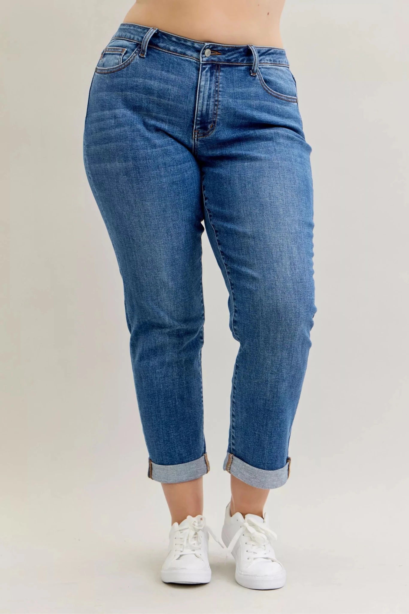 Judy Blue Full Size Mid Rise BF Classic Cuffed Jeans Plus Size - Grace & Grit Boutique