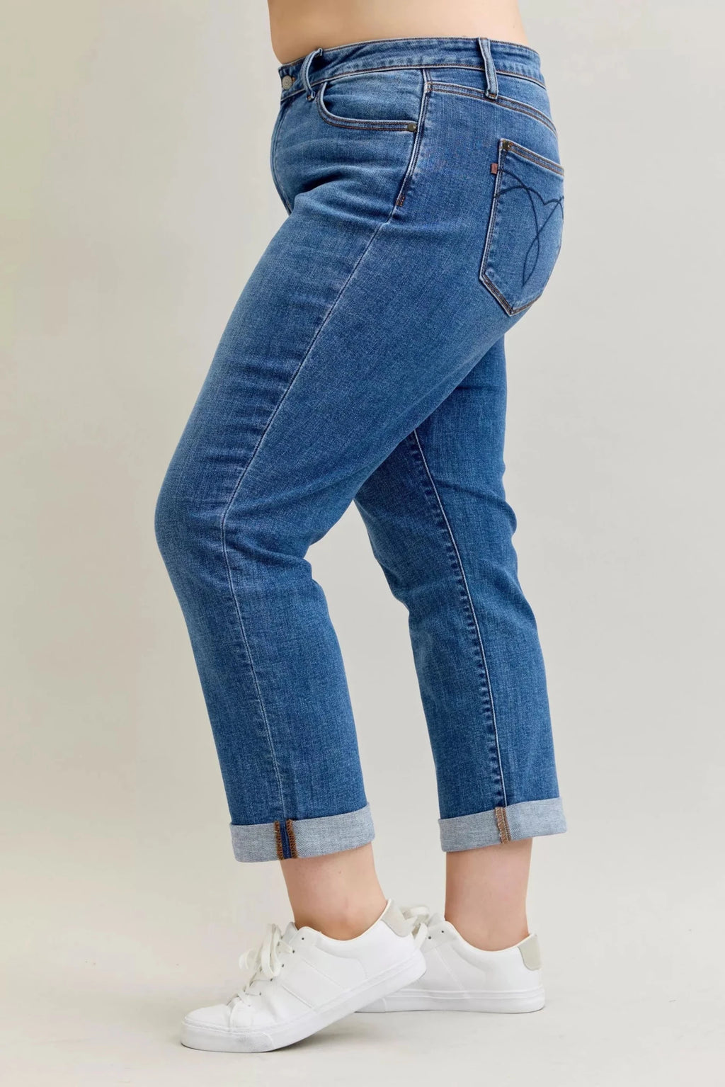 Judy Blue Full Size Mid Rise BF Classic Cuffed Jeans Plus Size - Grace & Grit Boutique