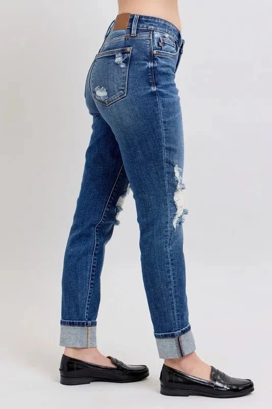 Judy Blue Full Size Mid Rise Boyfriend destroy Jeans with Yoke Pockets and Faux Selvedge Cuff Plus Size - Grace & Grit Boutique