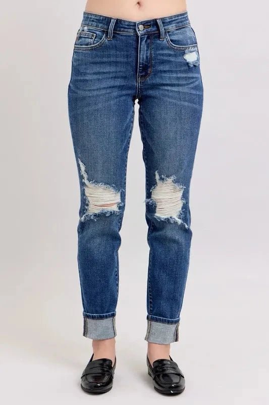 Judy Blue Full Size Mid Rise Boyfriend destroy Jeans with Yoke Pockets and Faux Selvedge Cuff Plus Size - Grace & Grit Boutique
