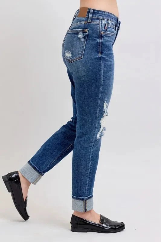 Judy Blue Full Size Mid Rise Boyfriend destroy Jeans with Yoke Pockets and Faux Selvedge Cuff Plus Size - Grace & Grit Boutique