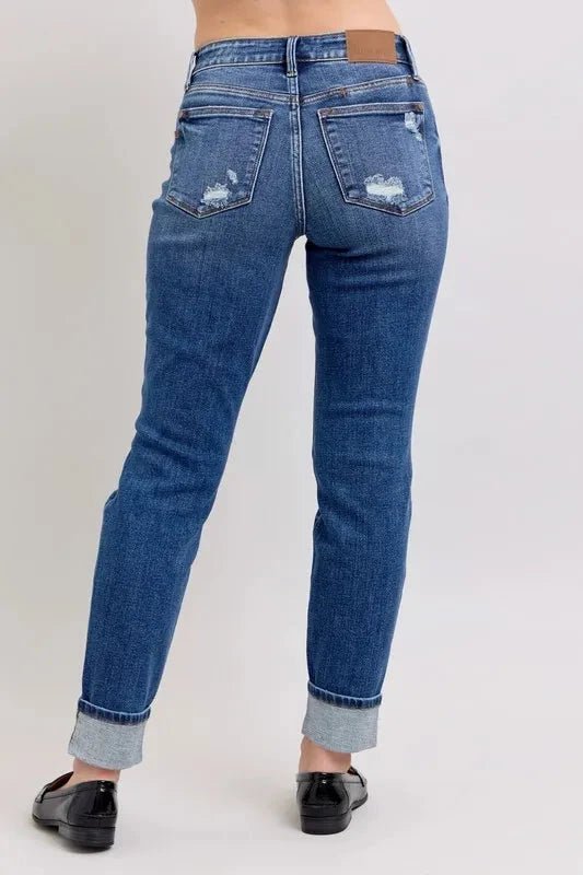 Judy Blue Full Size Mid Rise Boyfriend destroy Jeans with Yoke Pockets and Faux Selvedge Cuff Plus Size - Grace & Grit Boutique