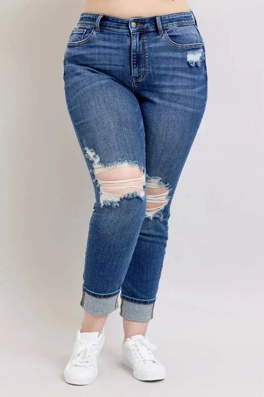 Judy Blue Full Size Mid Rise Boyfriend destroy Jeans with Yoke Pockets and Faux Selvedge Cuff Plus Size - Grace & Grit Boutique