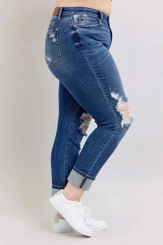 Judy Blue Full Size Mid Rise Boyfriend destroy Jeans with Yoke Pockets and Faux Selvedge Cuff Plus Size - Grace & Grit Boutique
