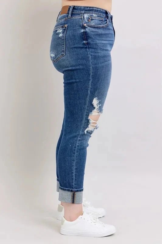 Judy Blue Full Size Mid Rise Boyfriend destroy Jeans with Yoke Pockets and Faux Selvedge Cuff Plus Size - Grace & Grit Boutique