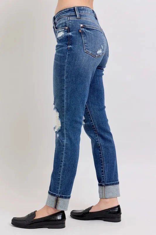 Judy Blue Full Size Mid Rise Boyfriend destroy Jeans with Yoke Pockets and Faux Selvedge Cuff Plus Size - Grace & Grit Boutique