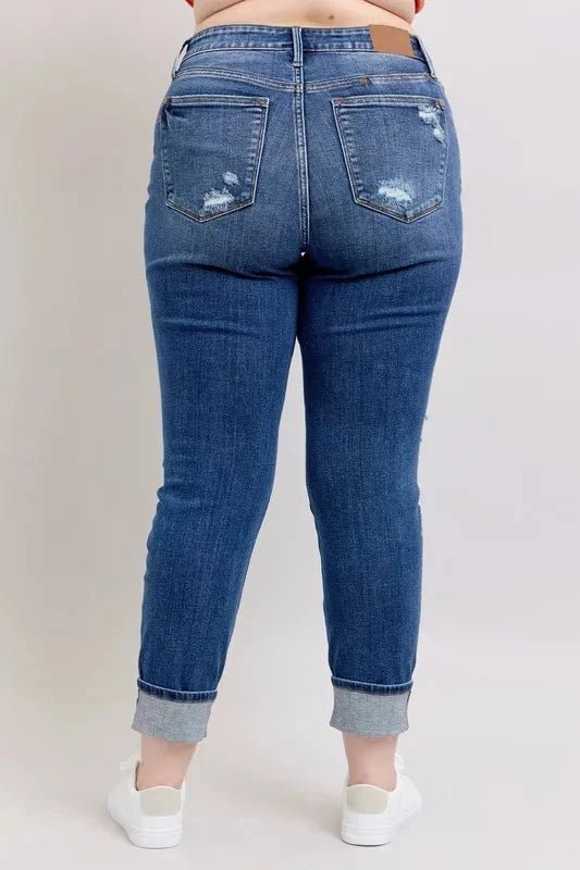 Judy Blue Full Size Mid Rise Boyfriend destroy Jeans with Yoke Pockets and Faux Selvedge Cuff Plus Size - Grace & Grit Boutique