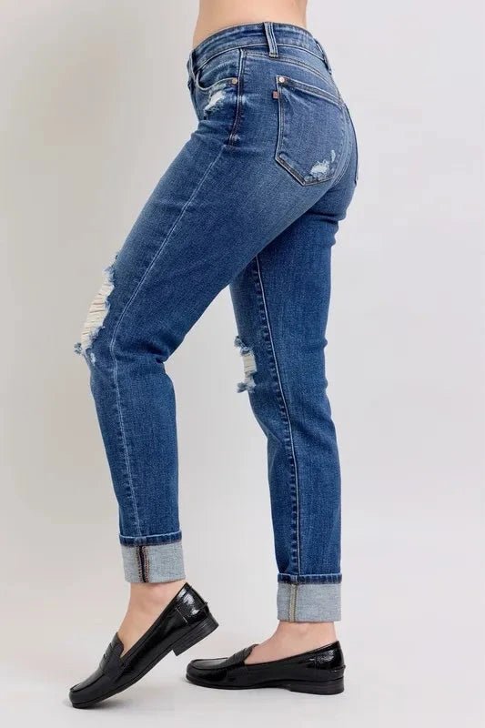 Judy Blue Full Size Mid Rise Boyfriend destroy Jeans with Yoke Pockets and Faux Selvedge Cuff Plus Size - Grace & Grit Boutique