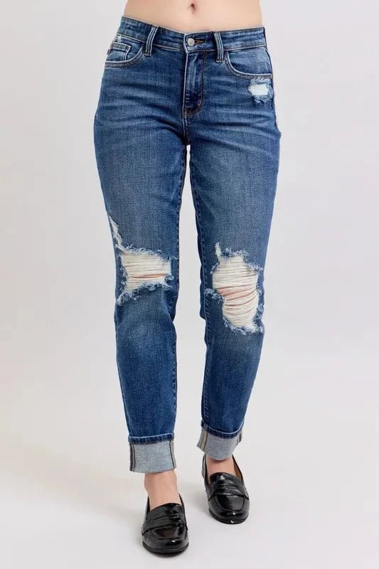 Judy Blue Full Size Mid Rise Boyfriend destroy Jeans with Yoke Pockets and Faux Selvedge Cuff Plus Size - Grace & Grit Boutique