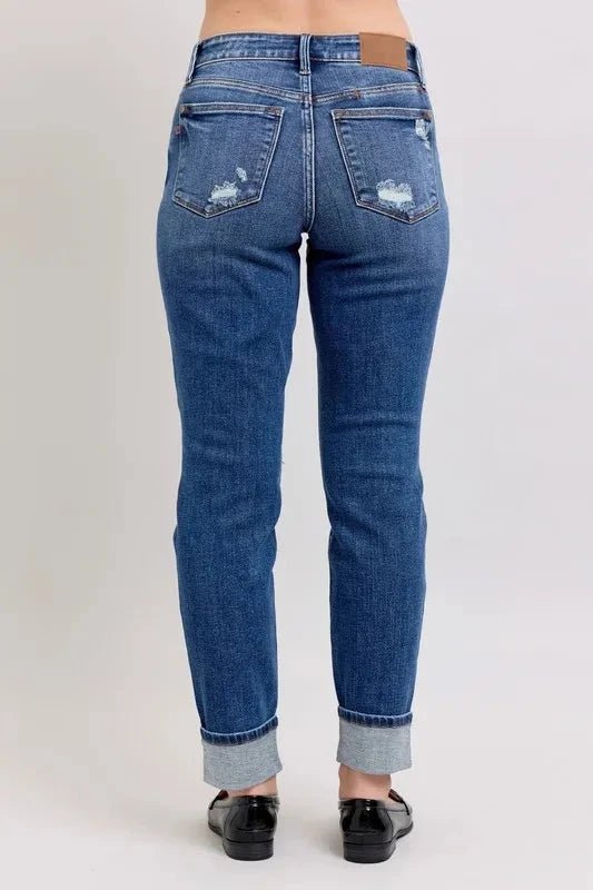 Judy Blue Full Size Mid Rise Boyfriend destroy Jeans with Yoke Pockets and Faux Selvedge Cuff Plus Size - Grace & Grit Boutique