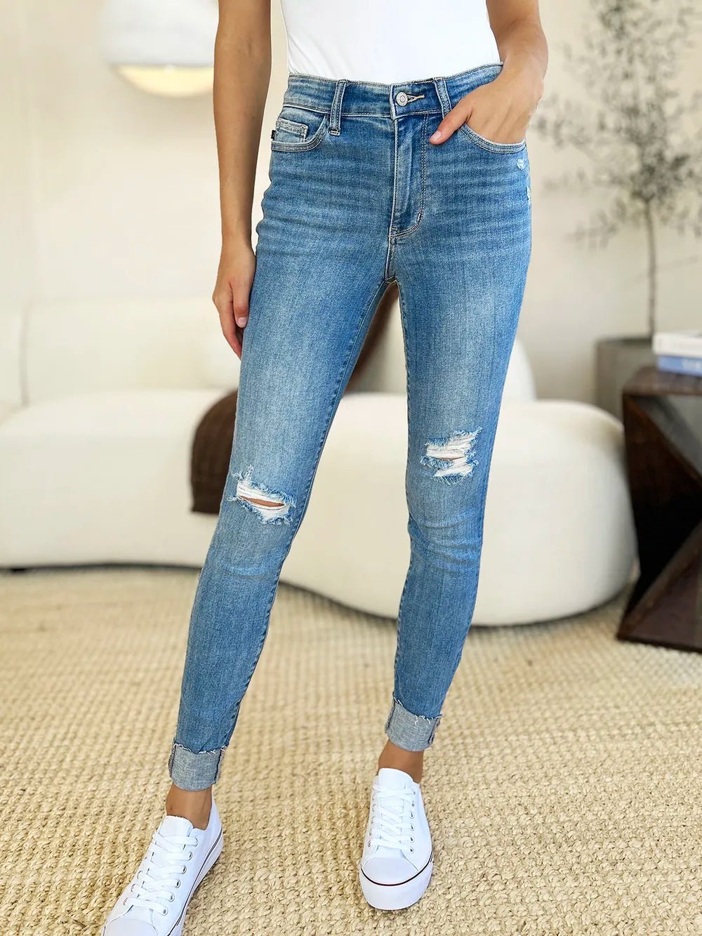 Judy Blue Full Size Mid Rise Destroy & Cuff Skinny Jeans - Grace & Grit Boutique