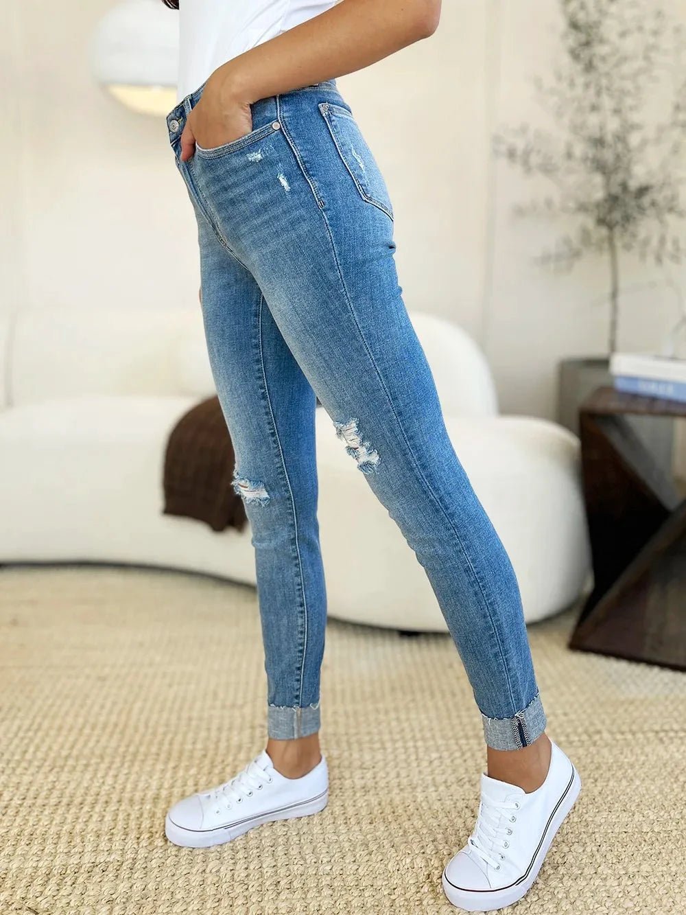 Judy Blue Full Size Mid Rise Destroy & Cuff Skinny Jeans - Grace & Grit Boutique