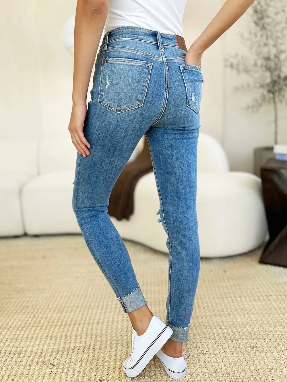Judy Blue Full Size Mid Rise Destroy & Cuff Skinny Jeans - Grace & Grit Boutique