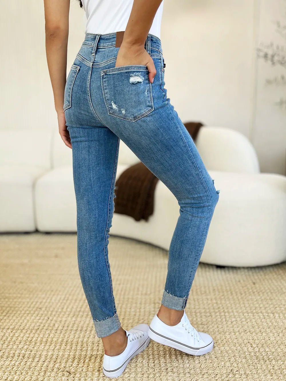 Judy Blue Full Size Mid Rise Destroy & Cuff Skinny Jeans - Grace & Grit Boutique