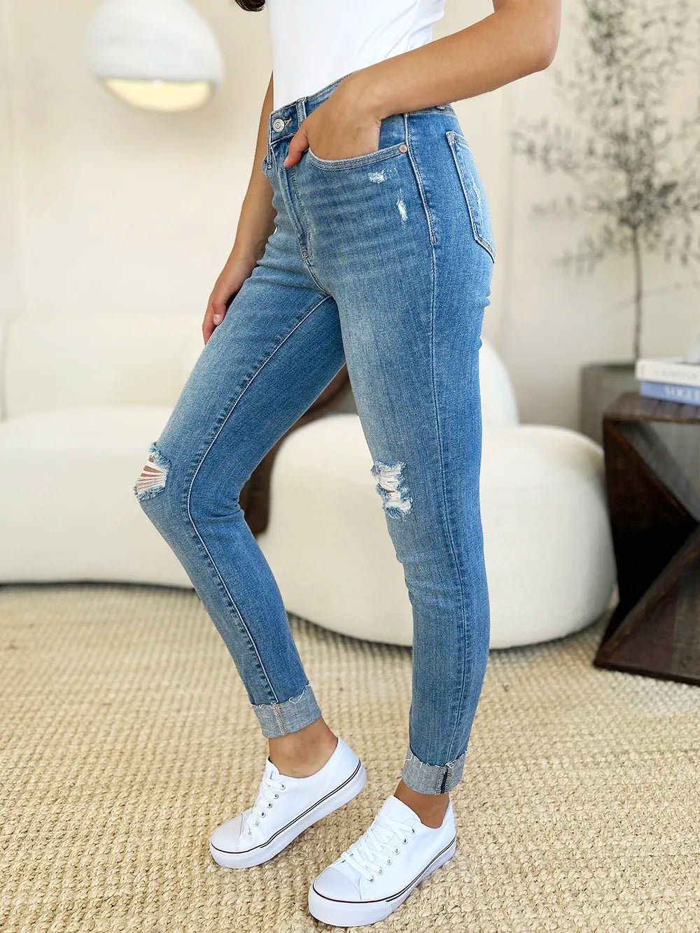Judy Blue Full Size Mid Rise Destroy & Cuff Skinny Jeans - Grace & Grit Boutique