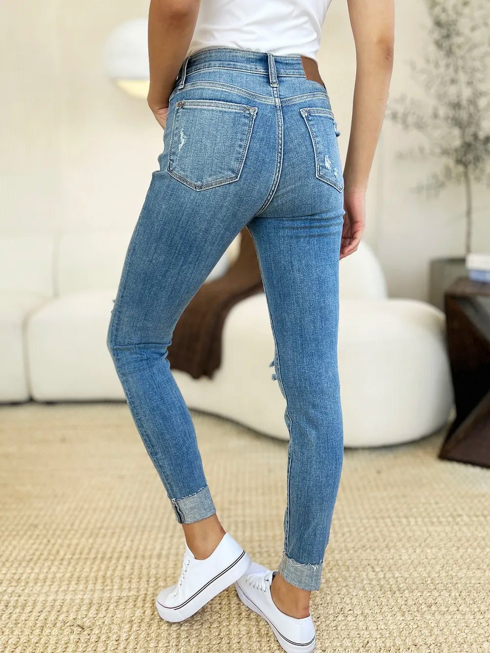 Judy Blue Full Size Mid Rise Destroy & Cuff Skinny Jeans - Grace & Grit Boutique
